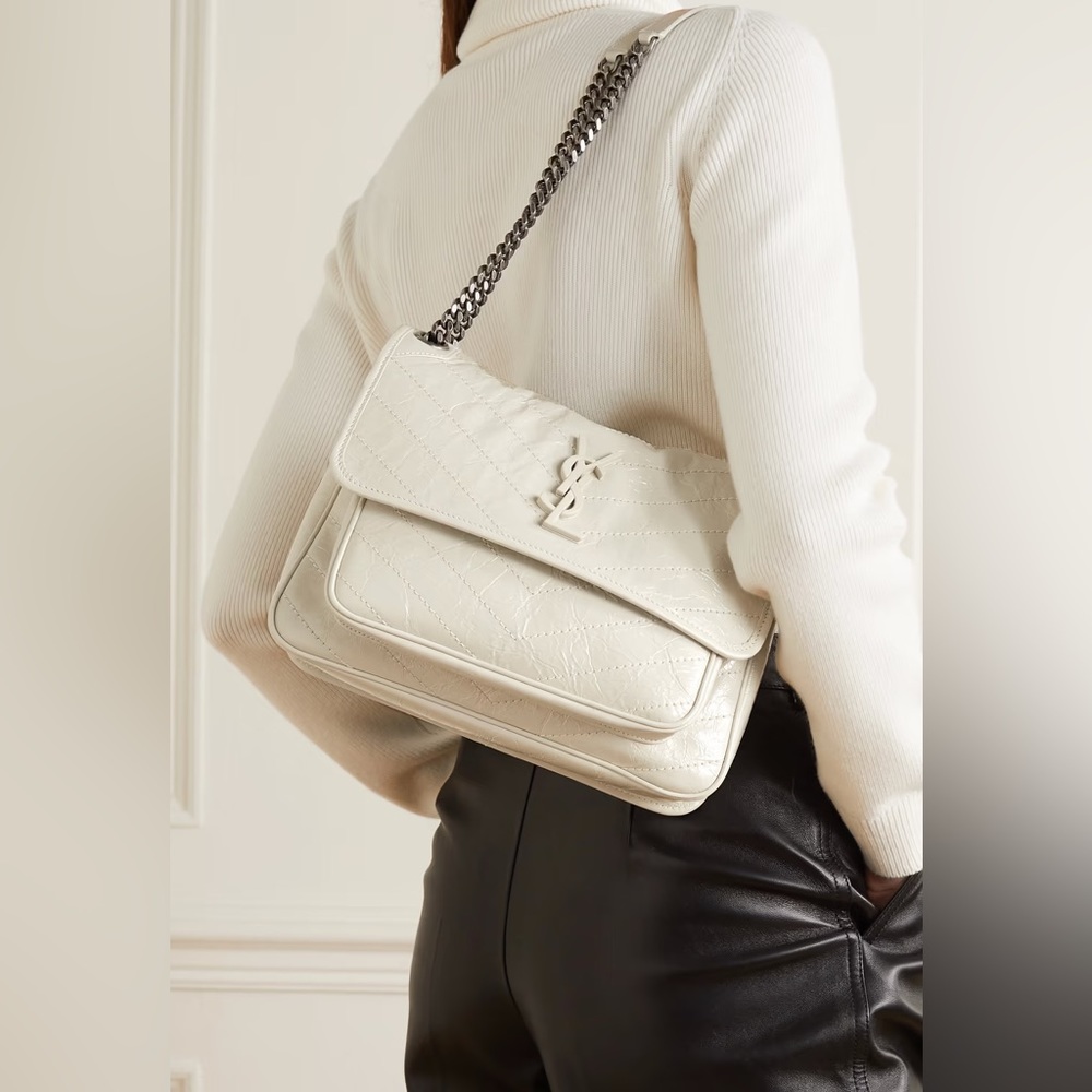 Niki Medium Crinkled Calf Flap-Top Shoulder Bag in off white/cream